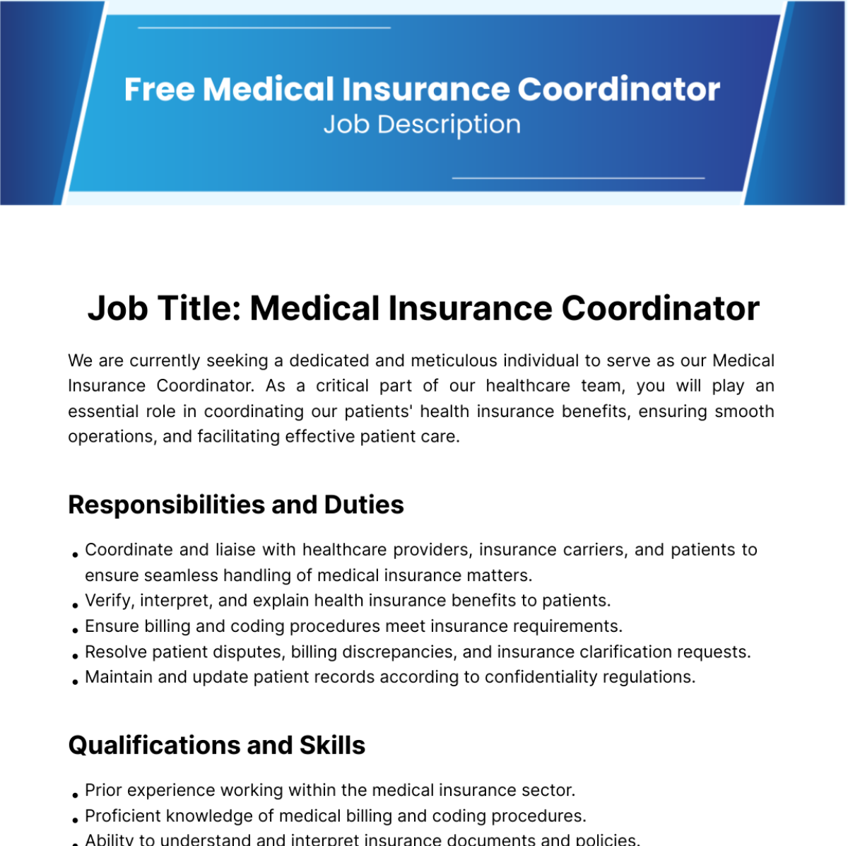 Free Medical Insurance Coordinator Job Description Template