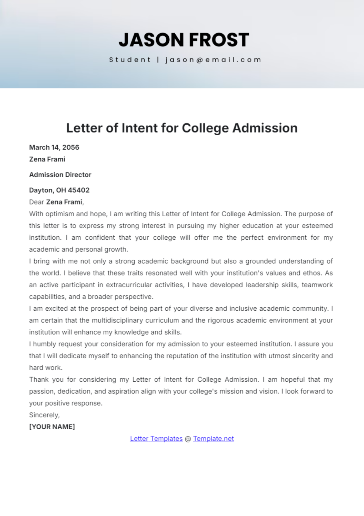 Letter of Intent for College Admission Template - Edit Online & Download