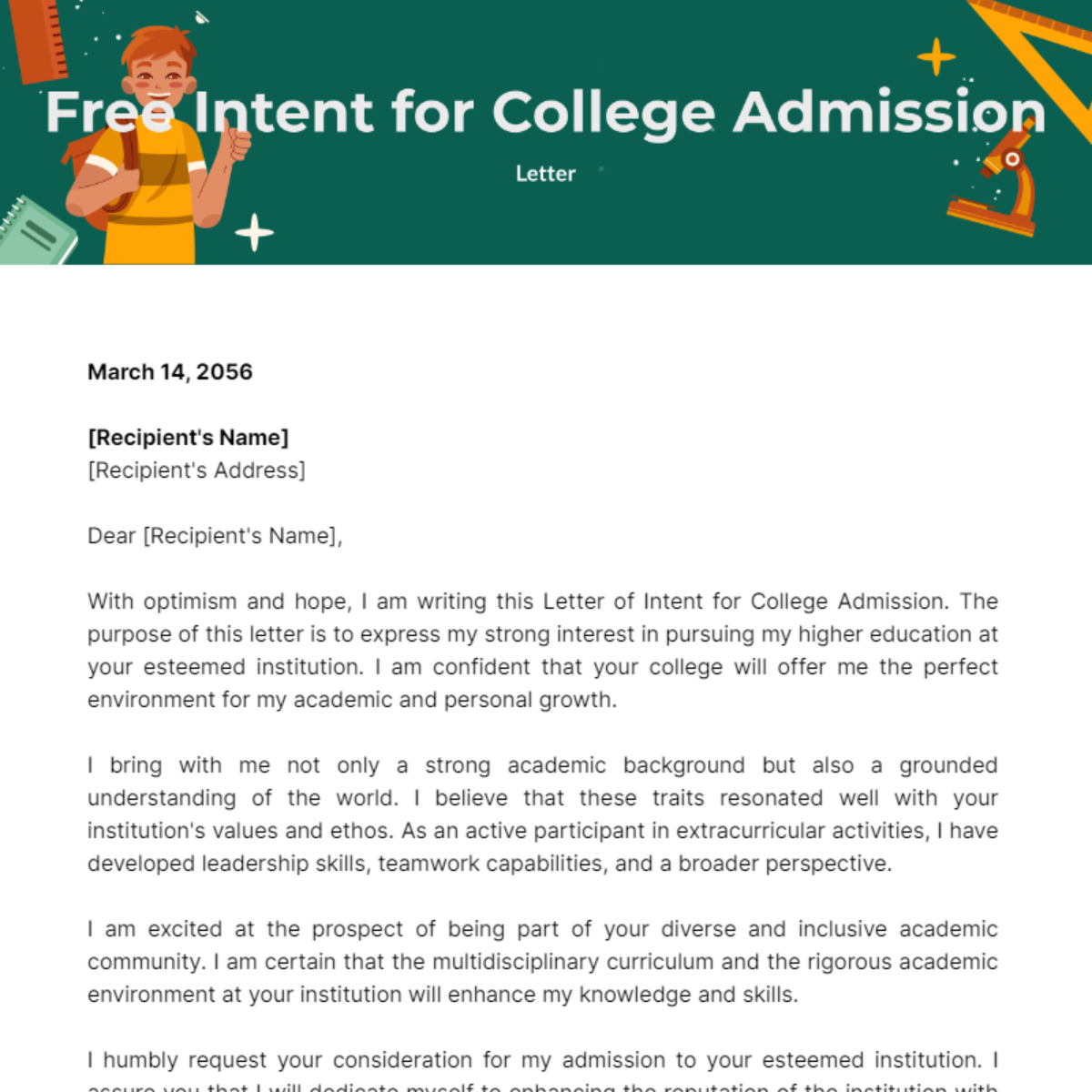 Letter of Intent for College Admission Template
