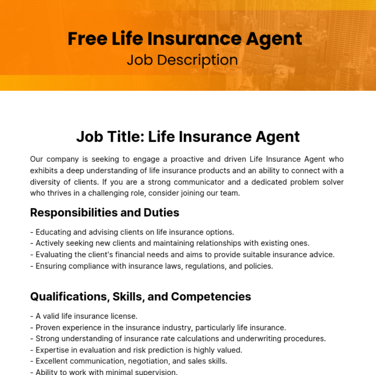Free Life Insurance Agent Job Description Template