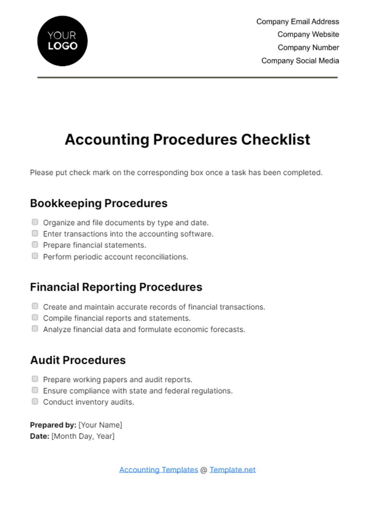 Accounting Procedures Checklist Template