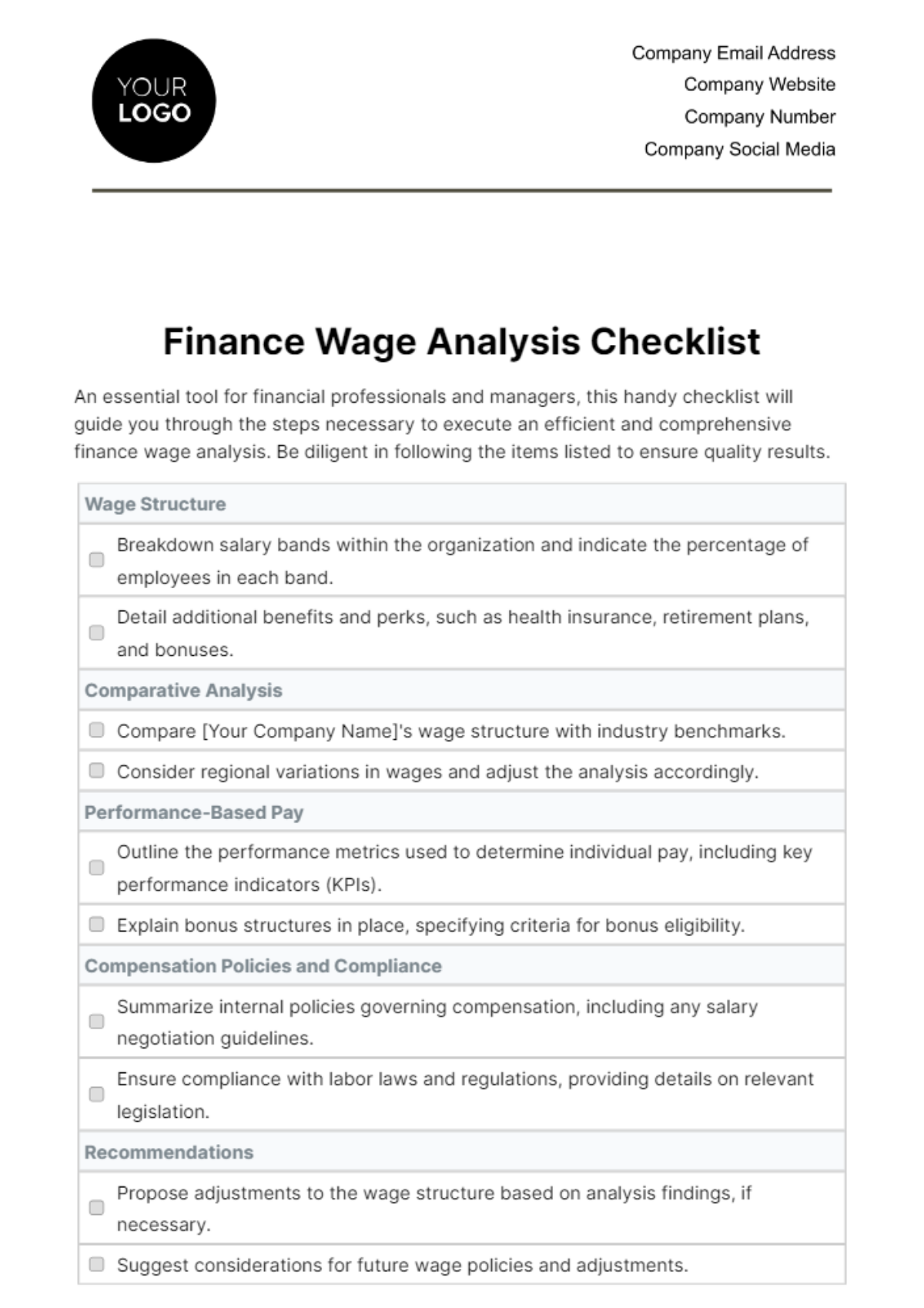 Finance Wage Analysis Checklist Template