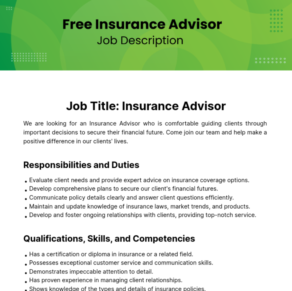 Free Insurance Advisor Job Description Template