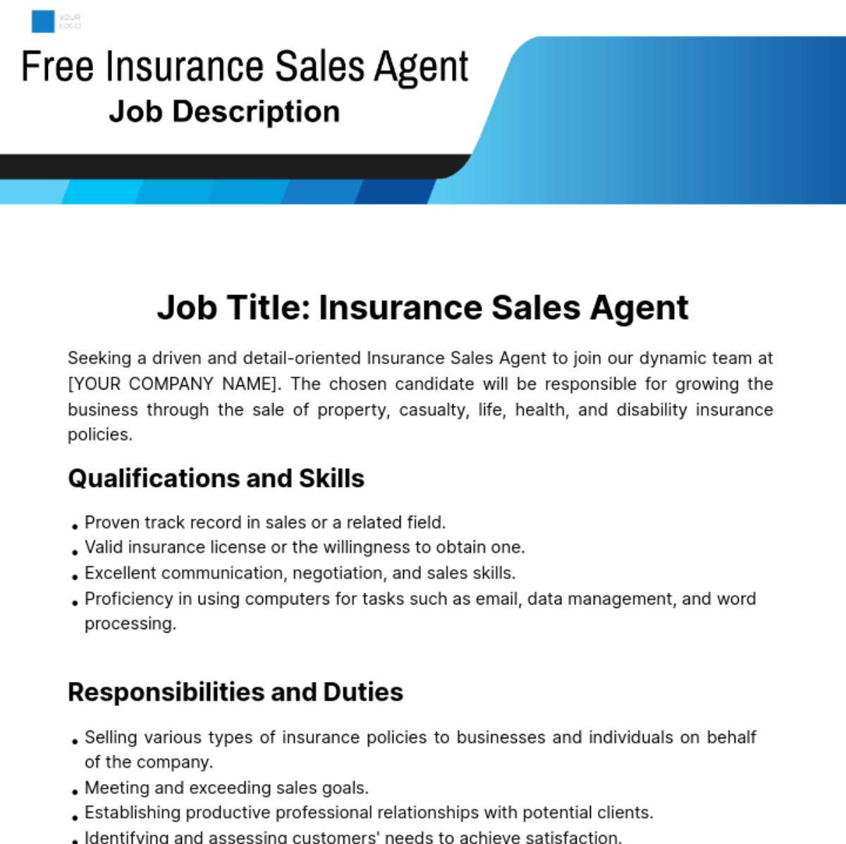 Free Insurance Sales Agent Job Description Template