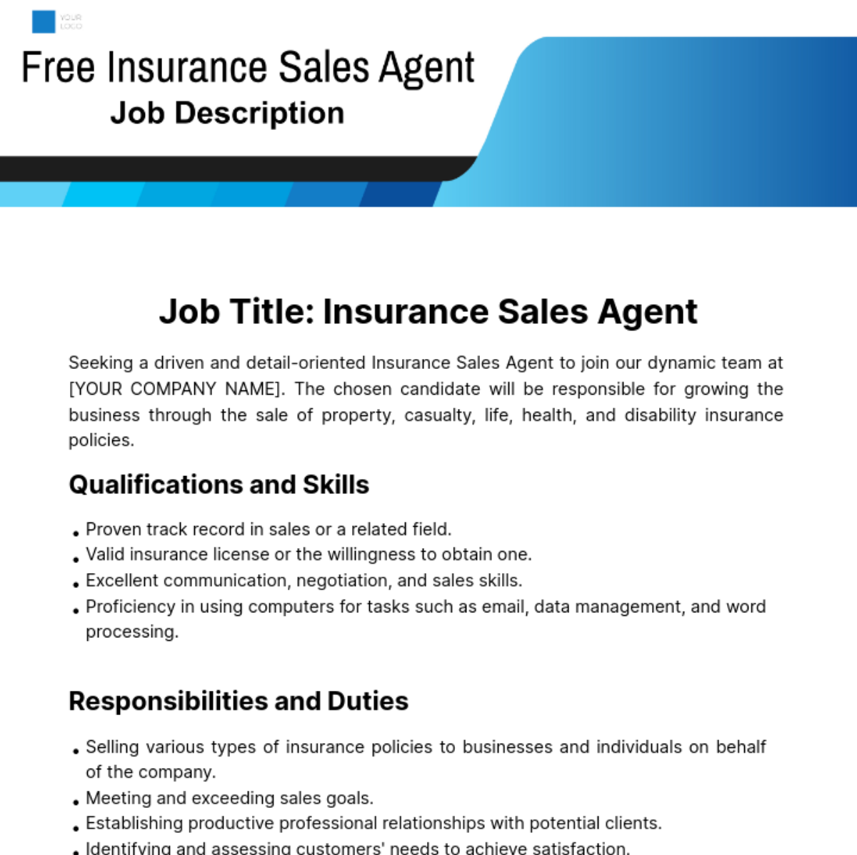 FREE Insurance Job Description Templates Examples Edit Online 