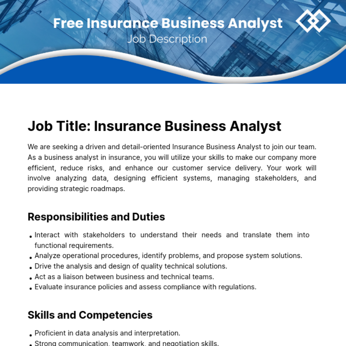 Insurance Business Analyst Job Description Template