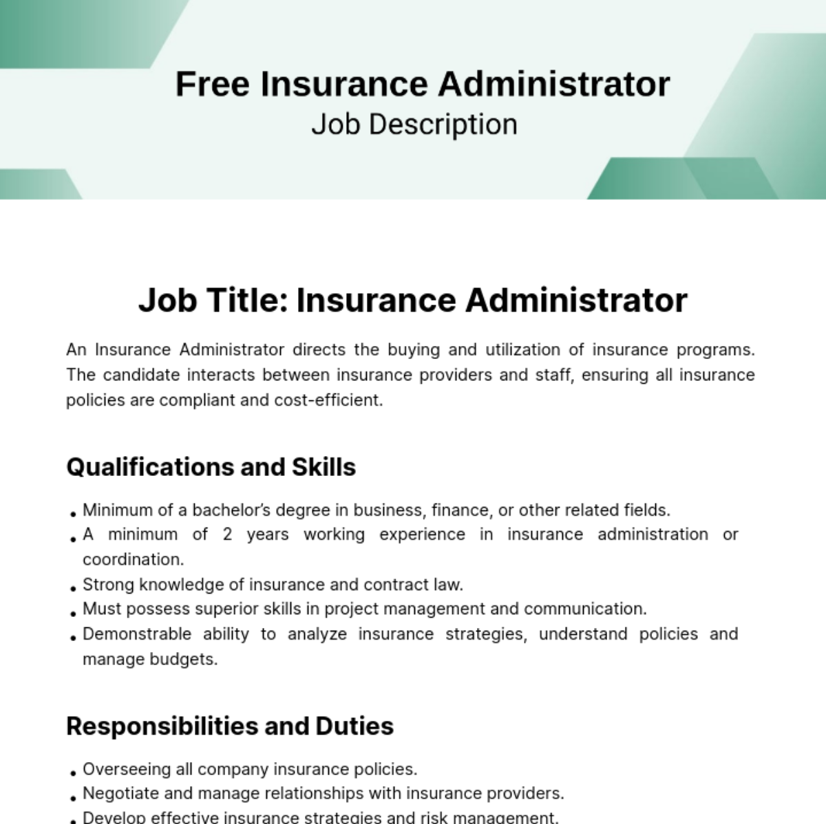 Free Insurance Administrator Job Description Template
