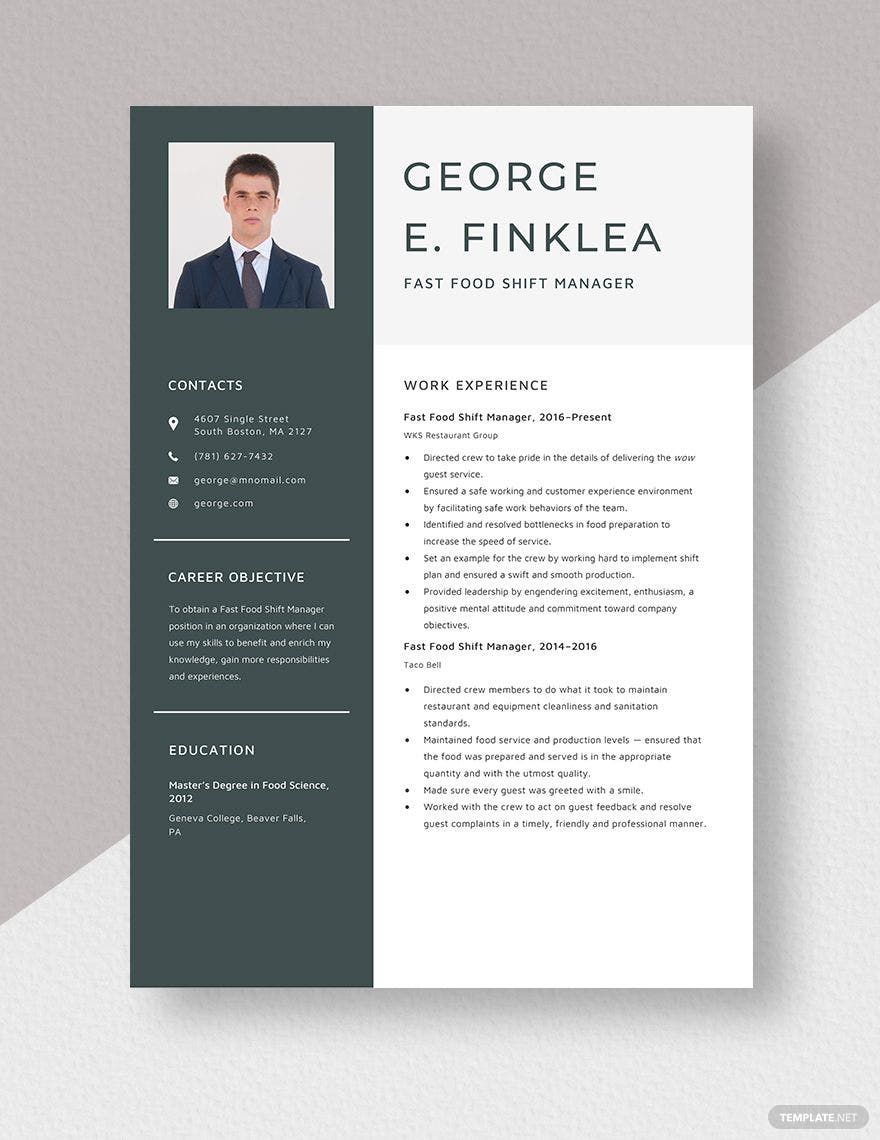 Fast Food Shift Manager Resume in Word, Apple Pages