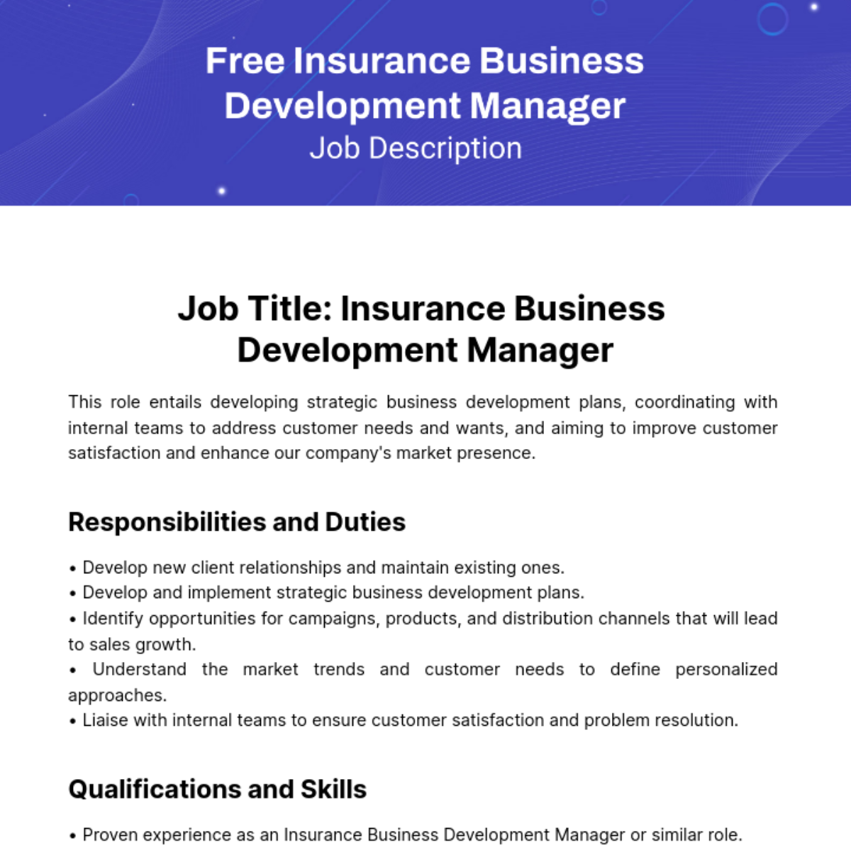 Free Insurance Business Development Manager Job Description Template