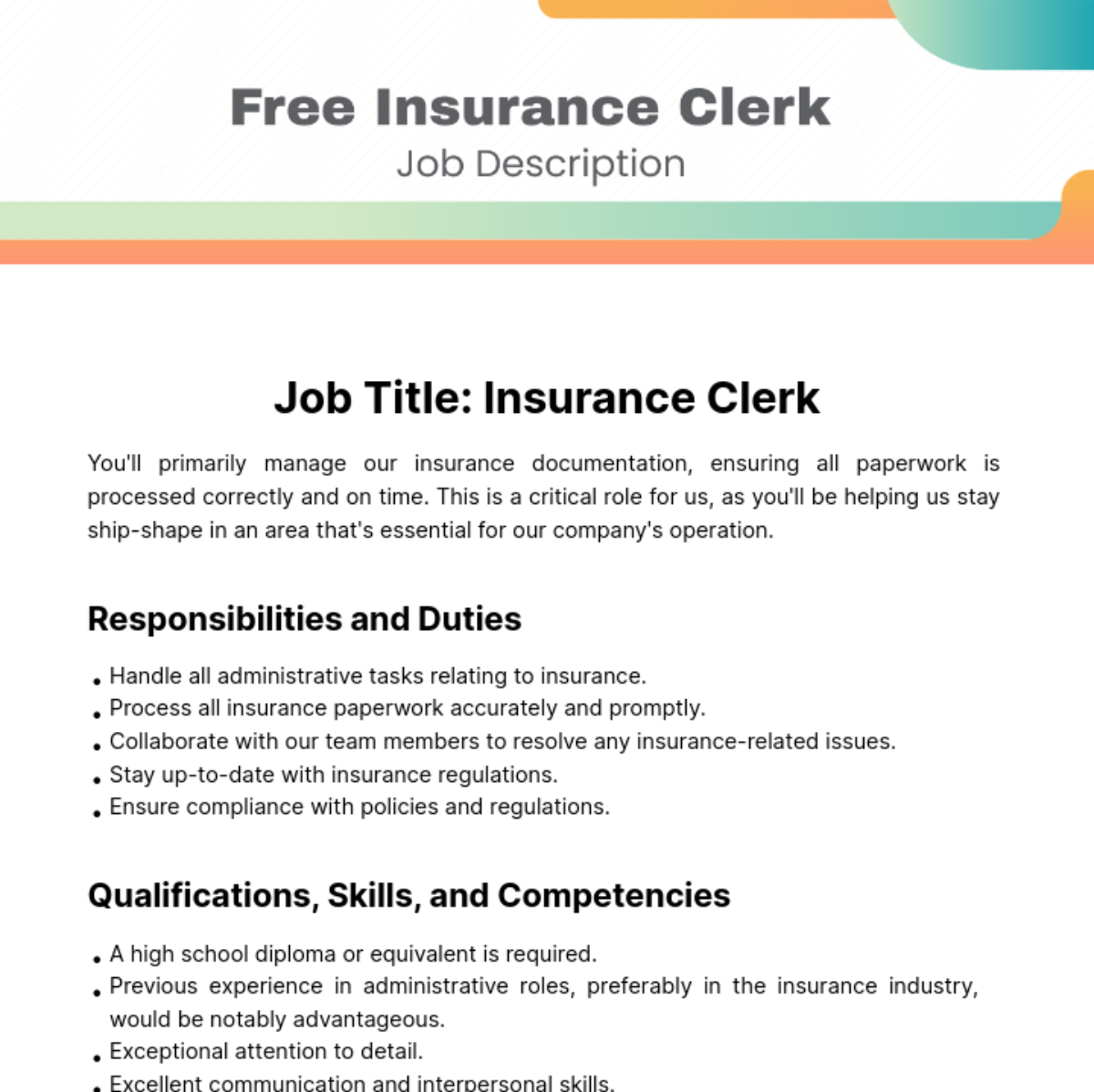 Insurance Clerk Job Description Template