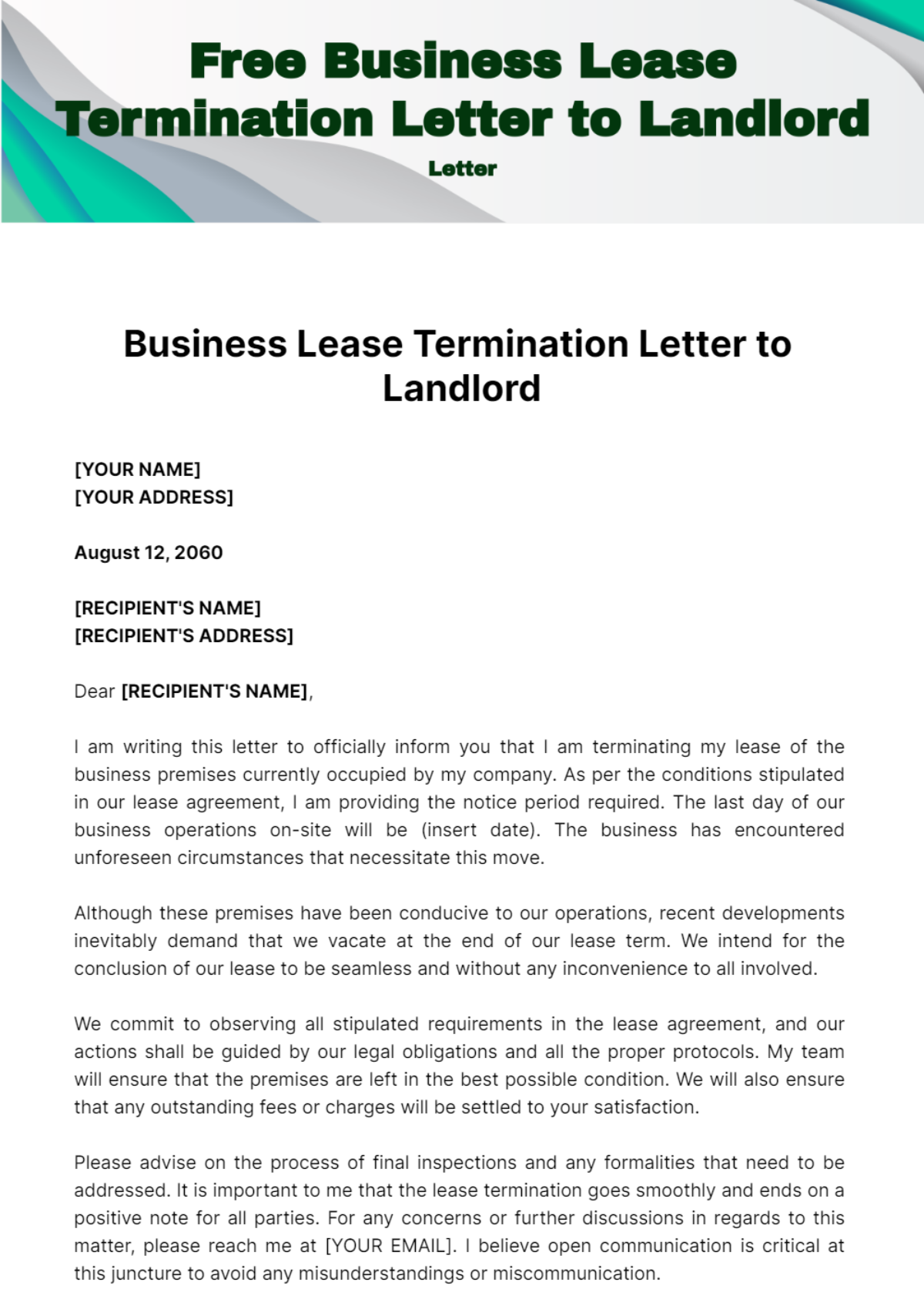 Free Business Lease Termination Letter to Landlord Template