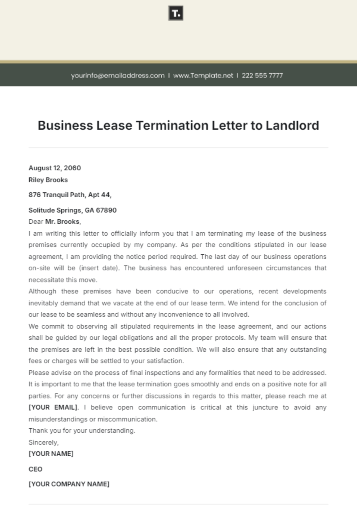 Business Lease Termination Letter to Landlord Template