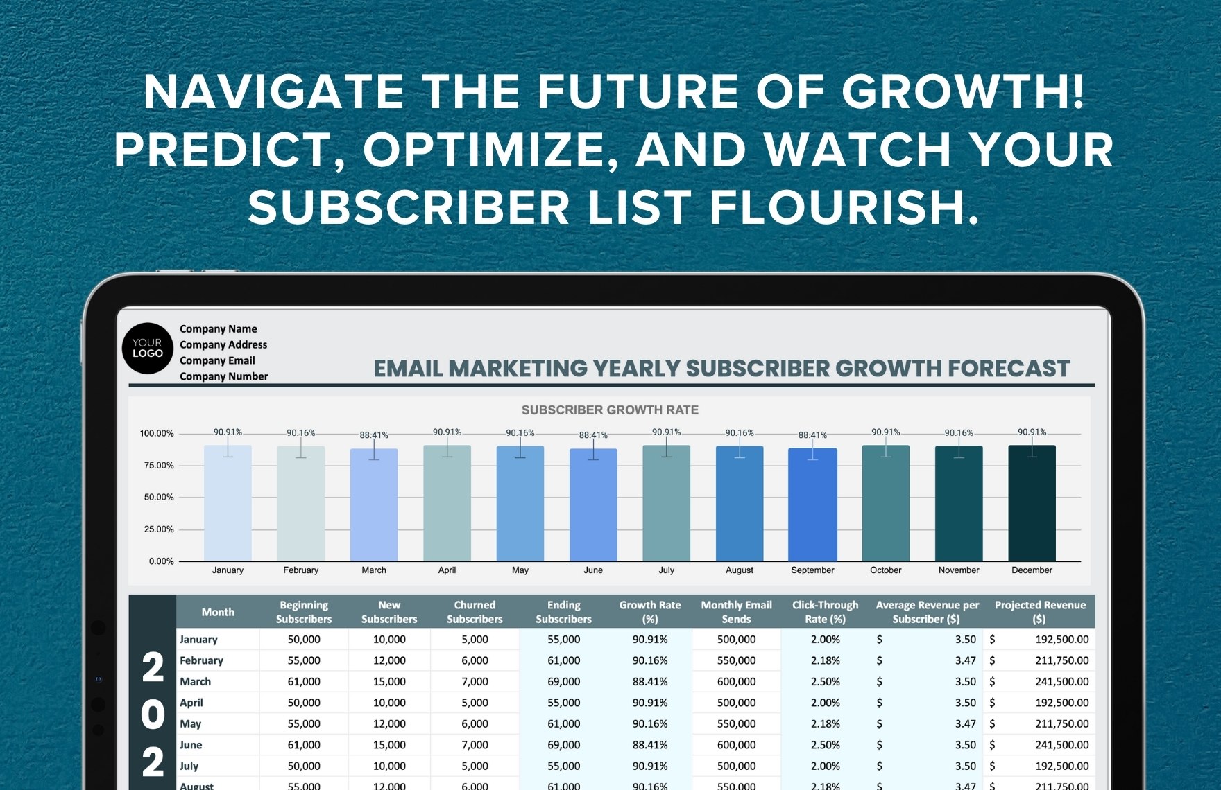 Email Marketing Yearly Subscriber Growth Forecast Template
