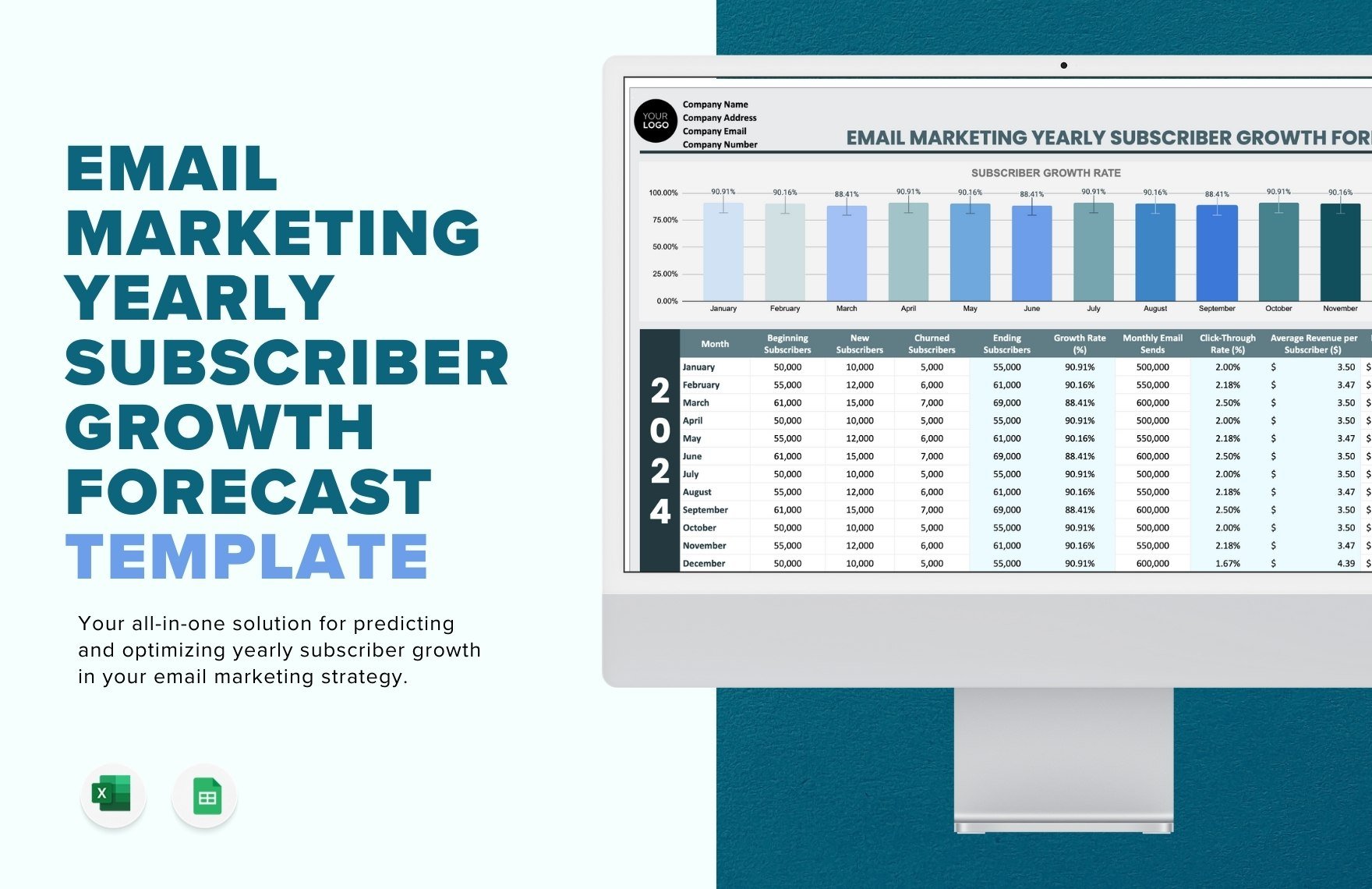 Email Marketing Yearly Subscriber Growth Forecast Template