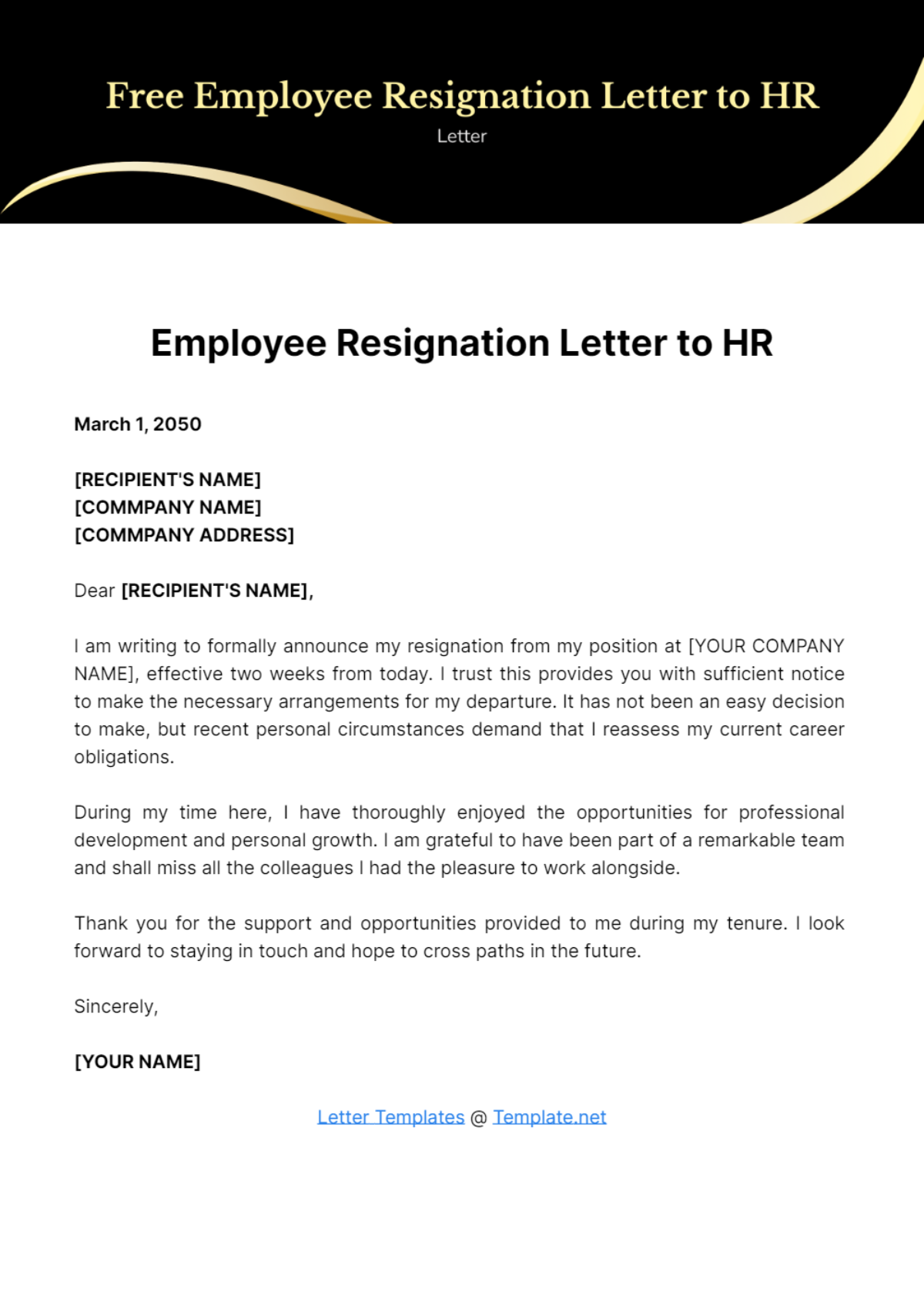 Free Employee Resignation Letter to HR Template