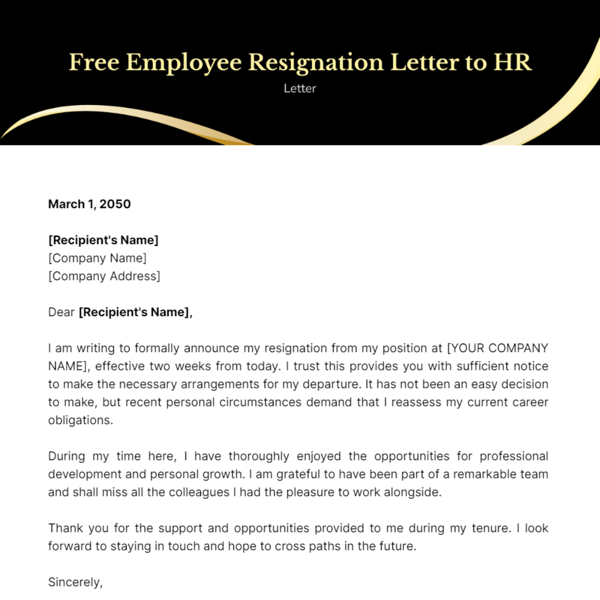Employee Resignation Letter to HR Template