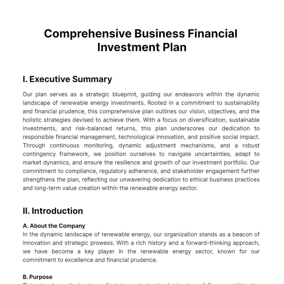 Comprehensive Business Financial Investment Plan Template - Edit Online ...