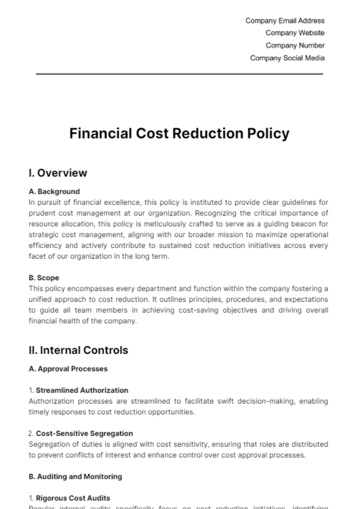 Financial Cost Reduction Policy Template