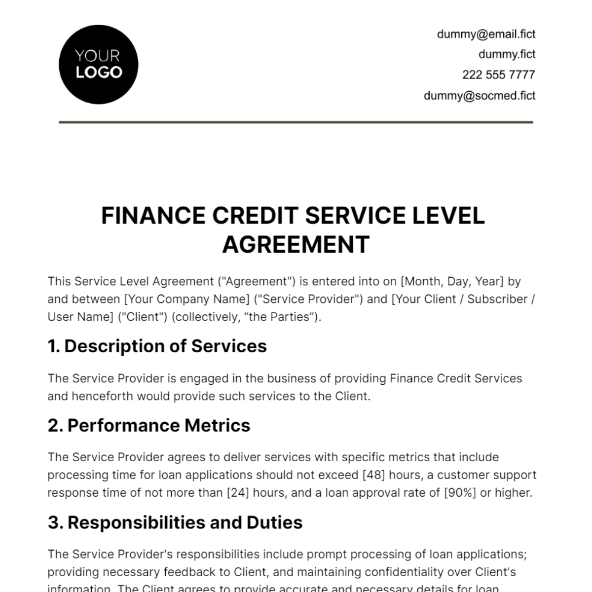Finance Credit Service Level Agreement Template