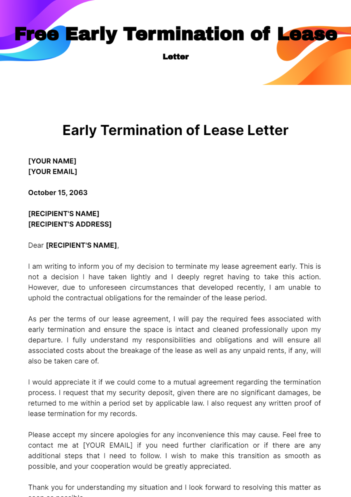 Free Early Termination of Lease Letter Template