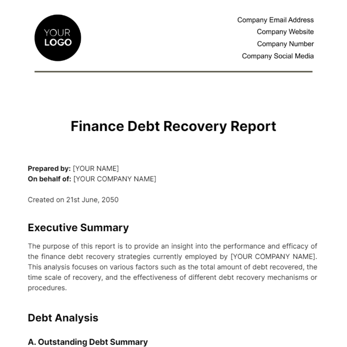 Free Finance Debt Recovery Report Template