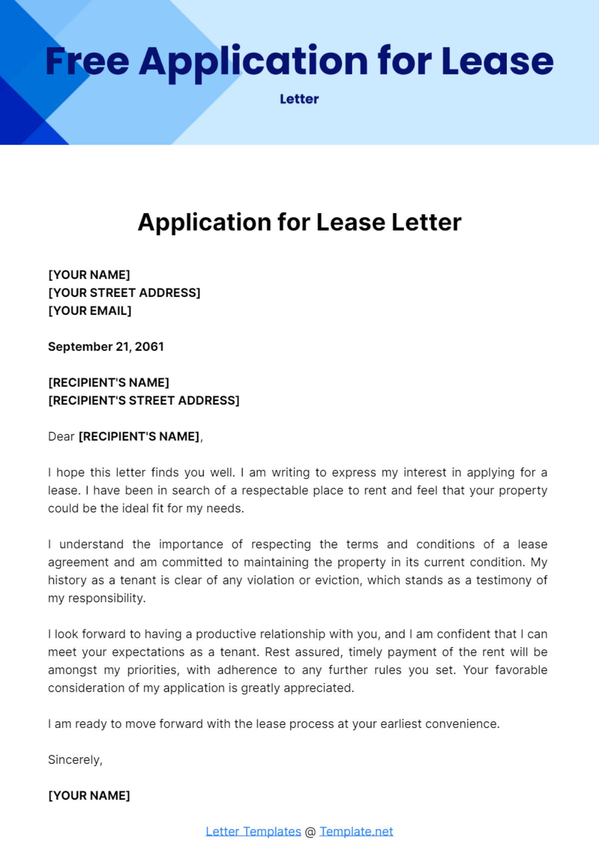 Free Application for Lease Letter Template