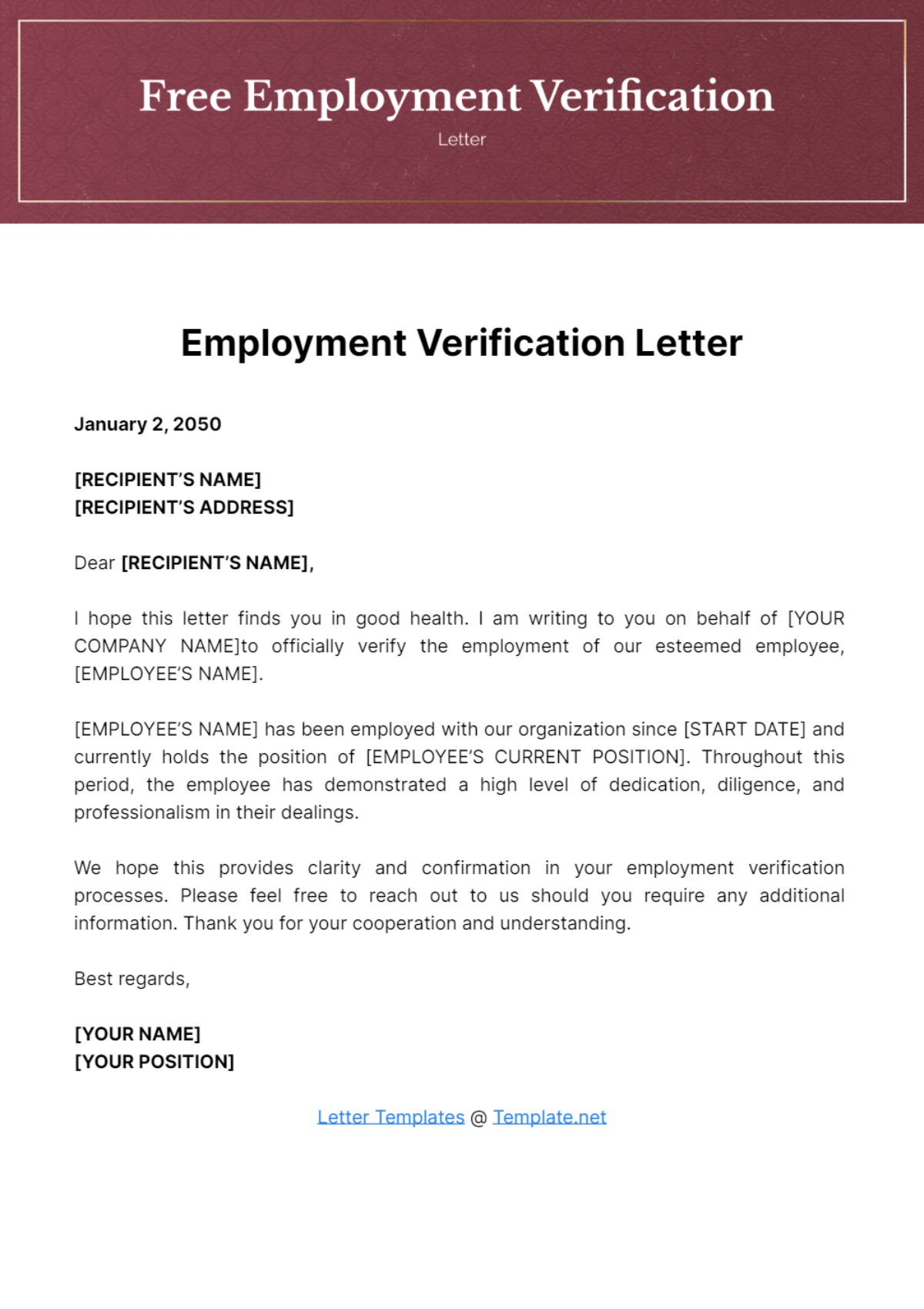 Free Employment Verification Letter Template