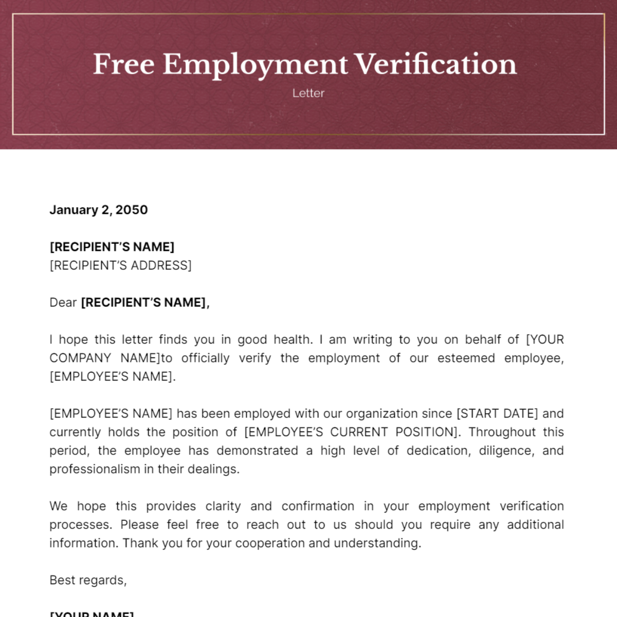 Employment Verification Letter Template