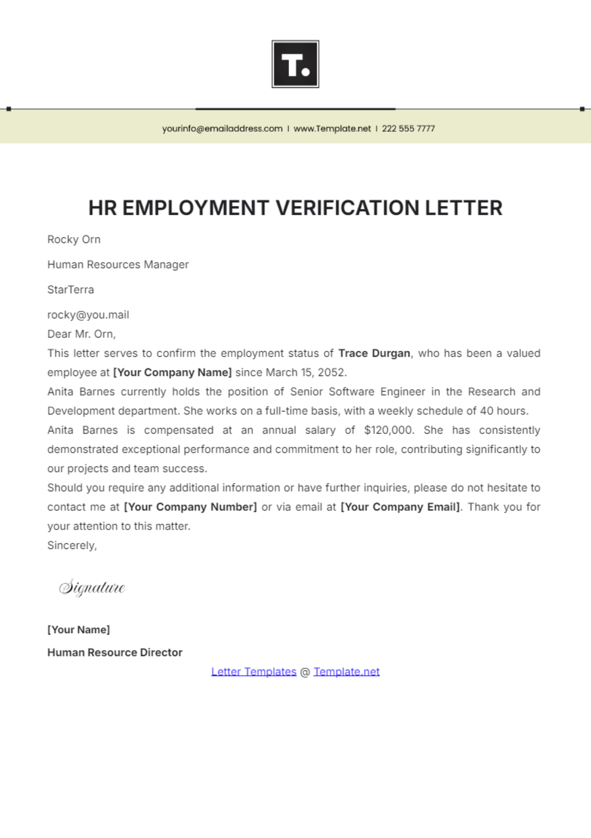 Free HR Employment Verification Letter Template