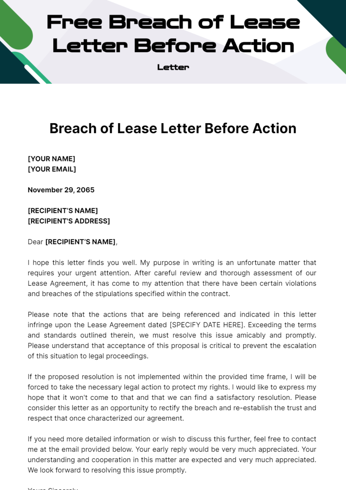 Free Breach of Lease Letter Before Action Template