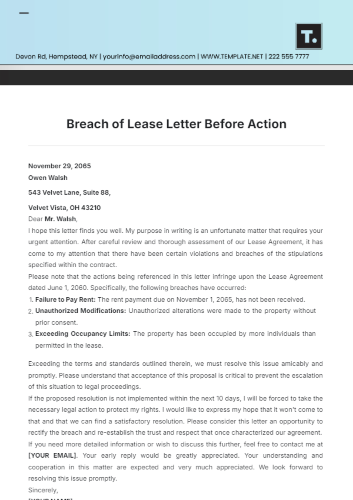 Breach of Lease Letter Before Action Template