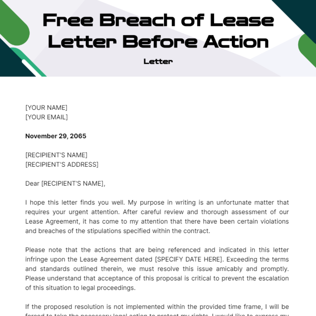Breach of Lease Letter Before Action Template