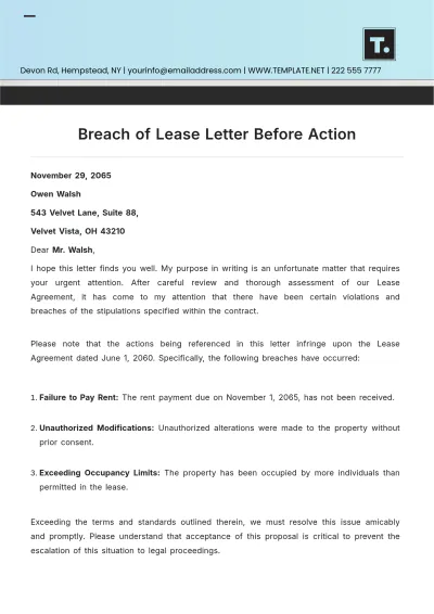 Free Breach of Lease Letter Before Action Template to Edit Online