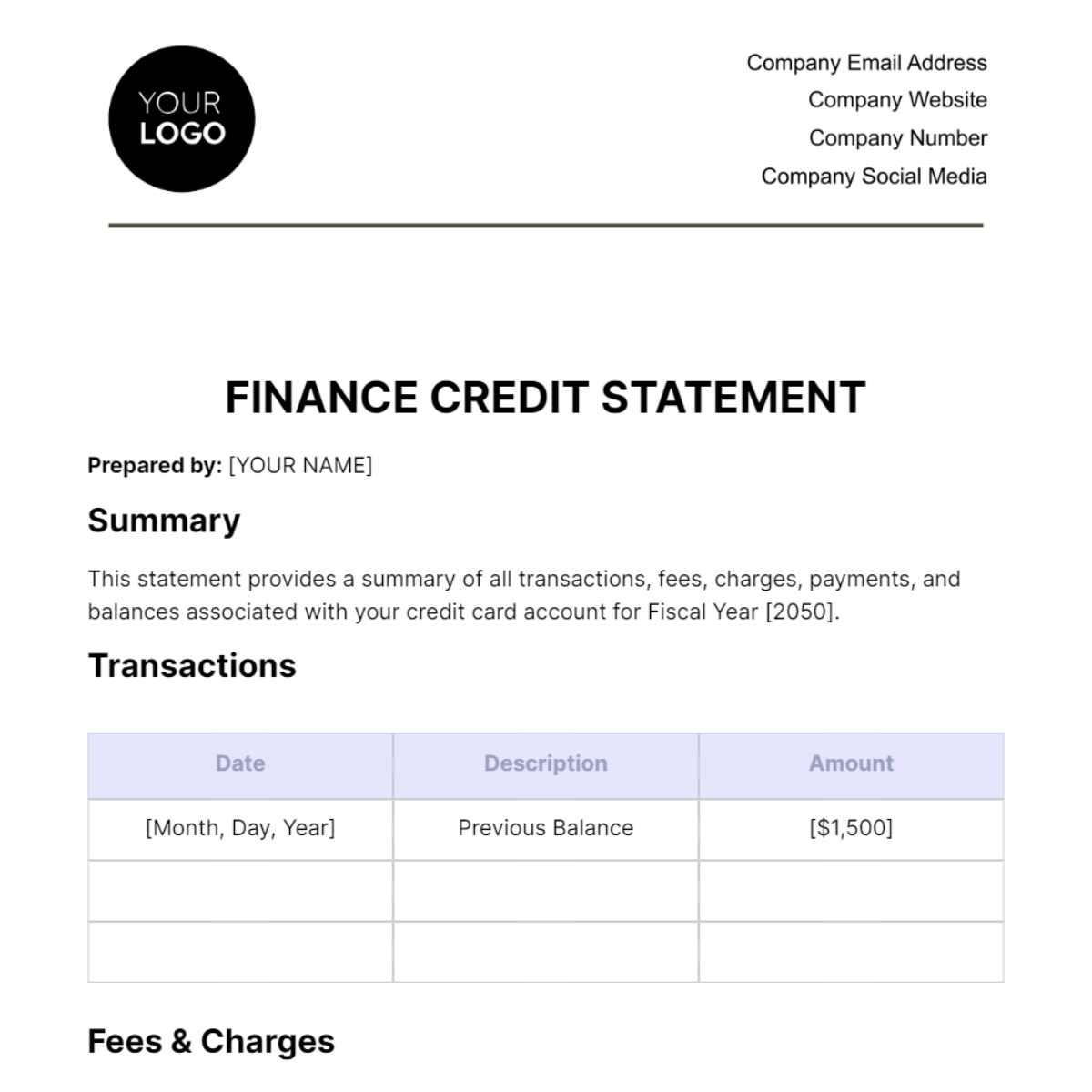 Finance Credit Statement Template