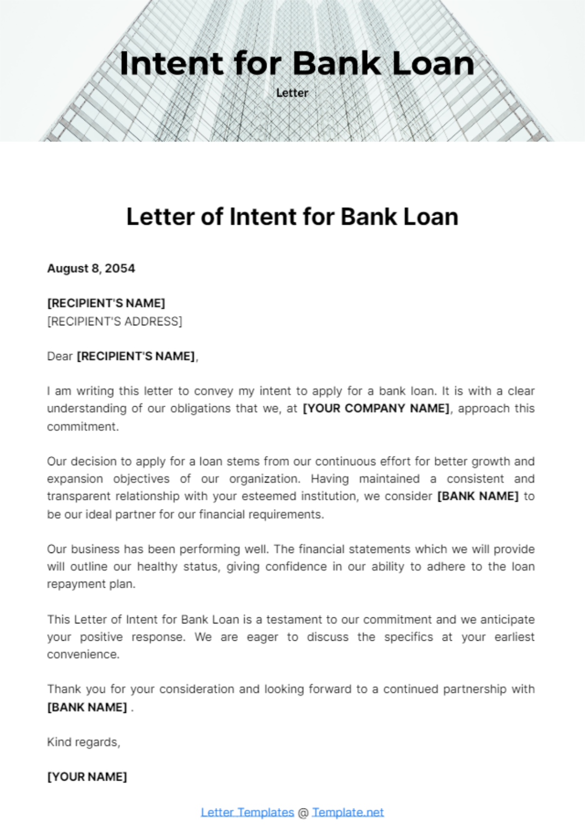 Letter of Intent for Bank Loan Template