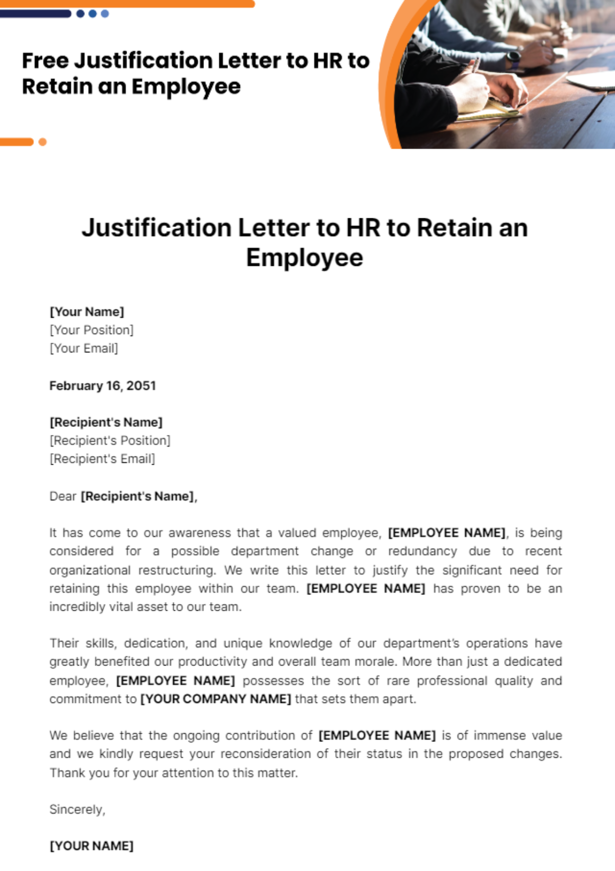Free Justification Letter to HR to Retain an Employee Template