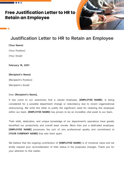 Free Justification Letter to HR to Retain an Employee Template to Edit Online