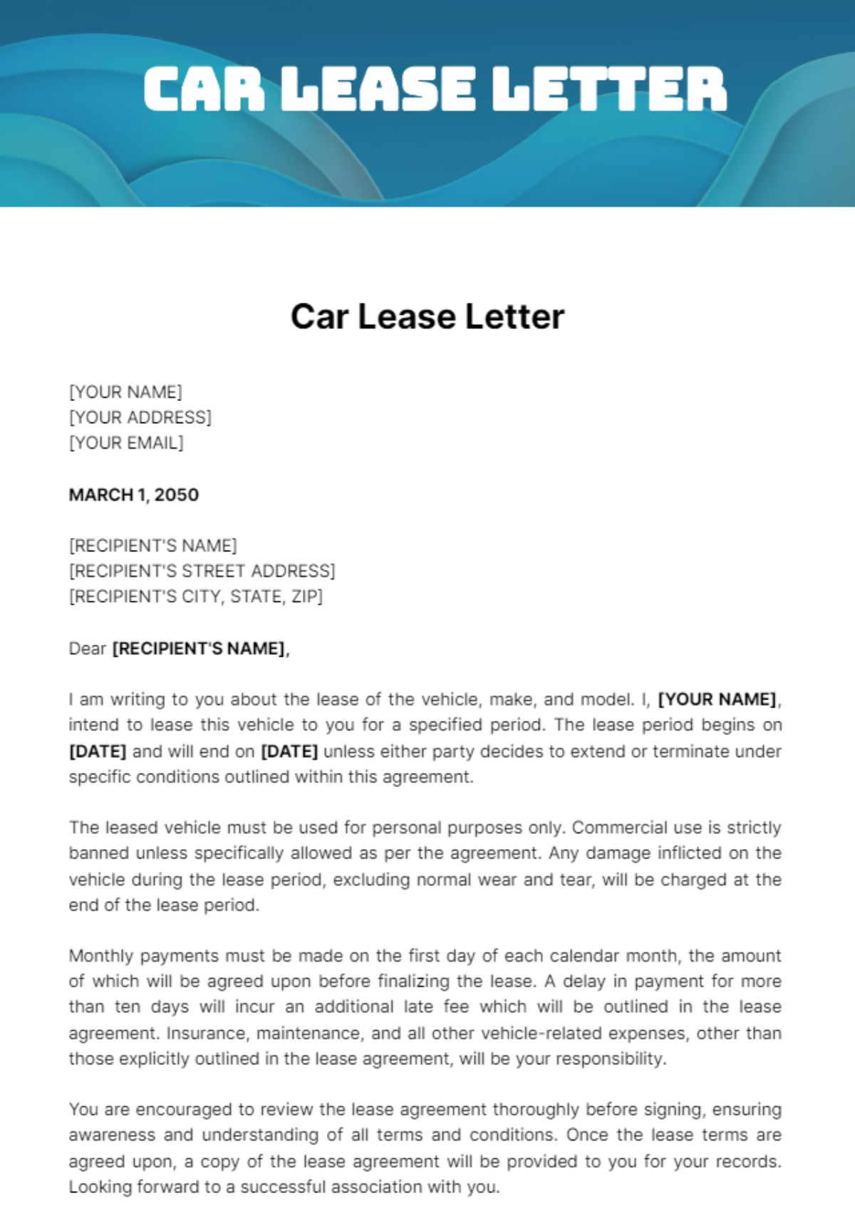 Free Car Lease Letter Template To Edit Online