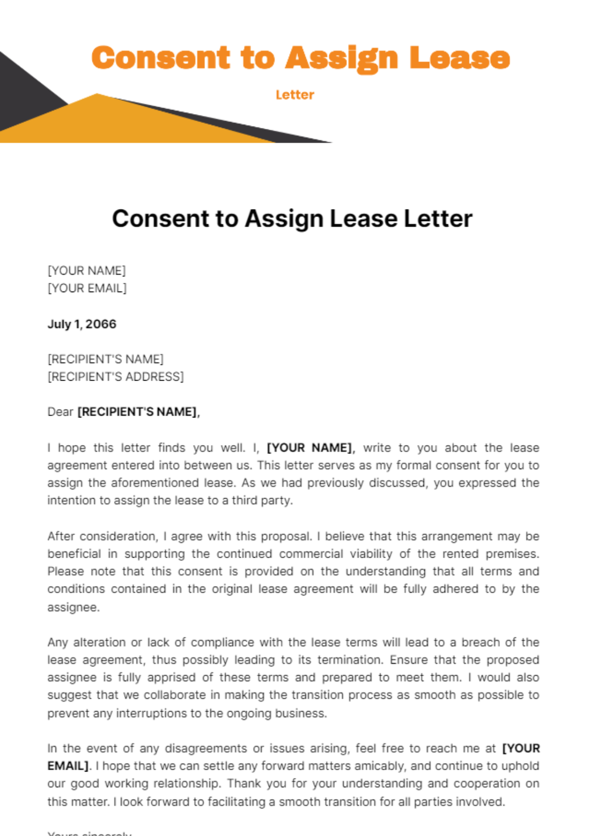 Free Consent to Assign Lease Letter Template