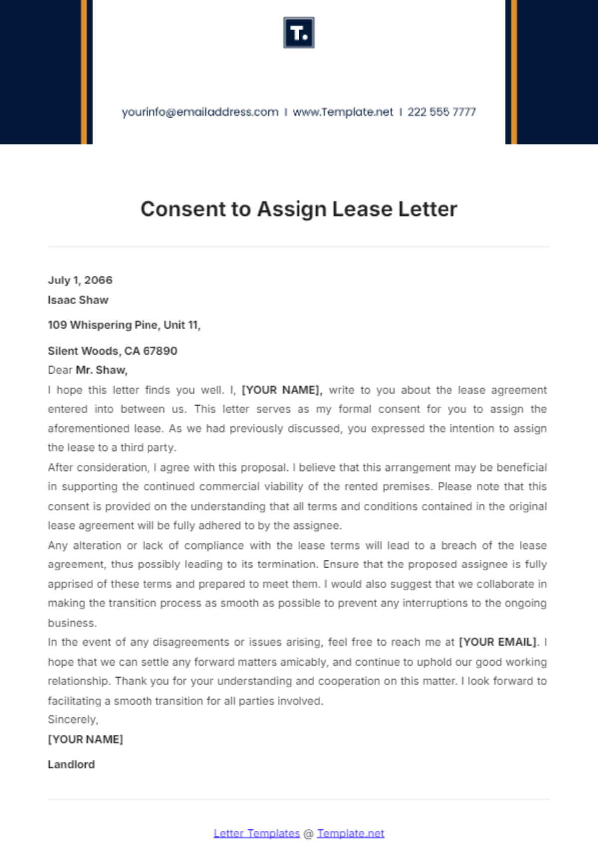 Consent to Assign Lease Letter Template - Edit Online & Download