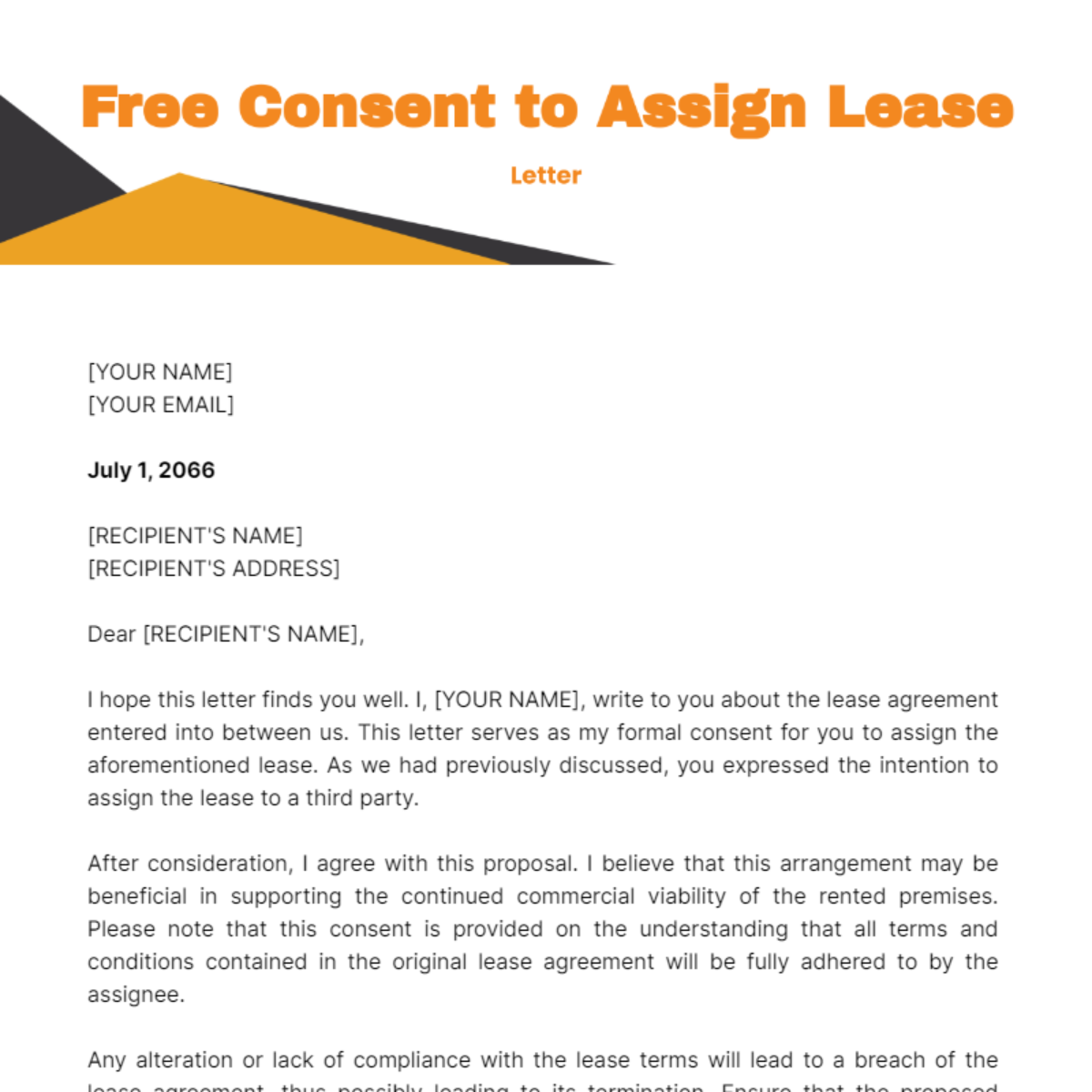 Consent to Assign Lease Letter Template