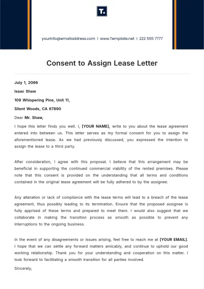 Free Consent to Assign Lease Letter Template to Edit Online
