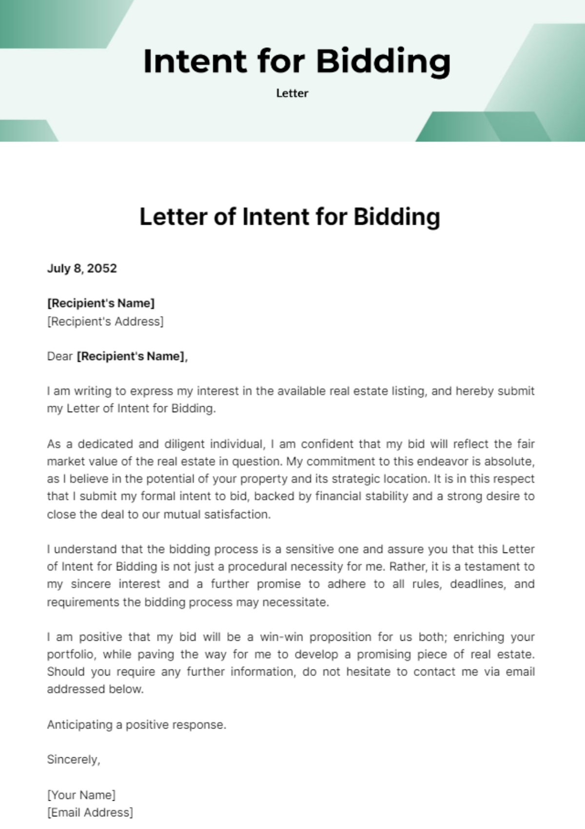 Free Letter of Intent for Bidding Template