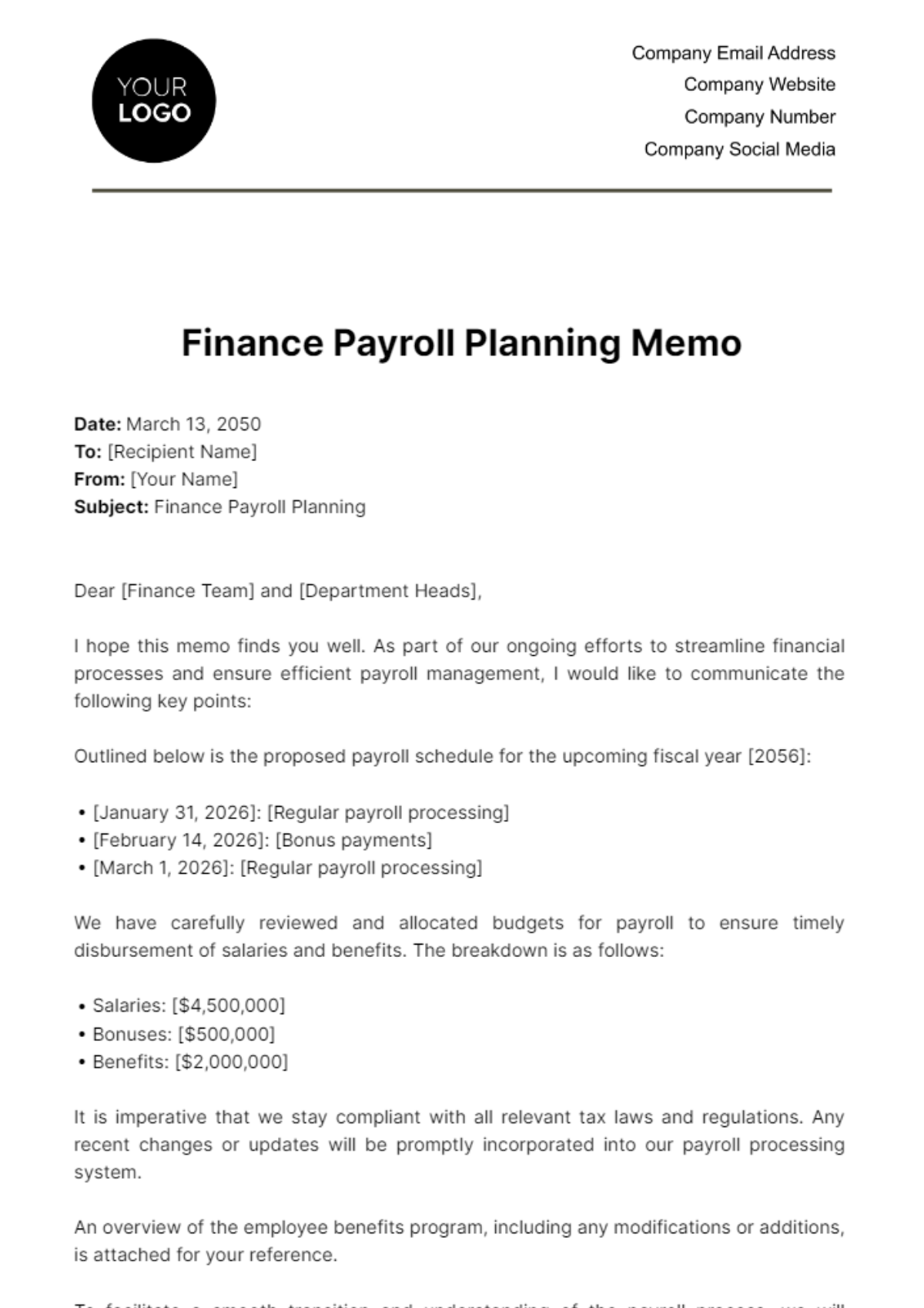Finance Payroll Planning Memo Template