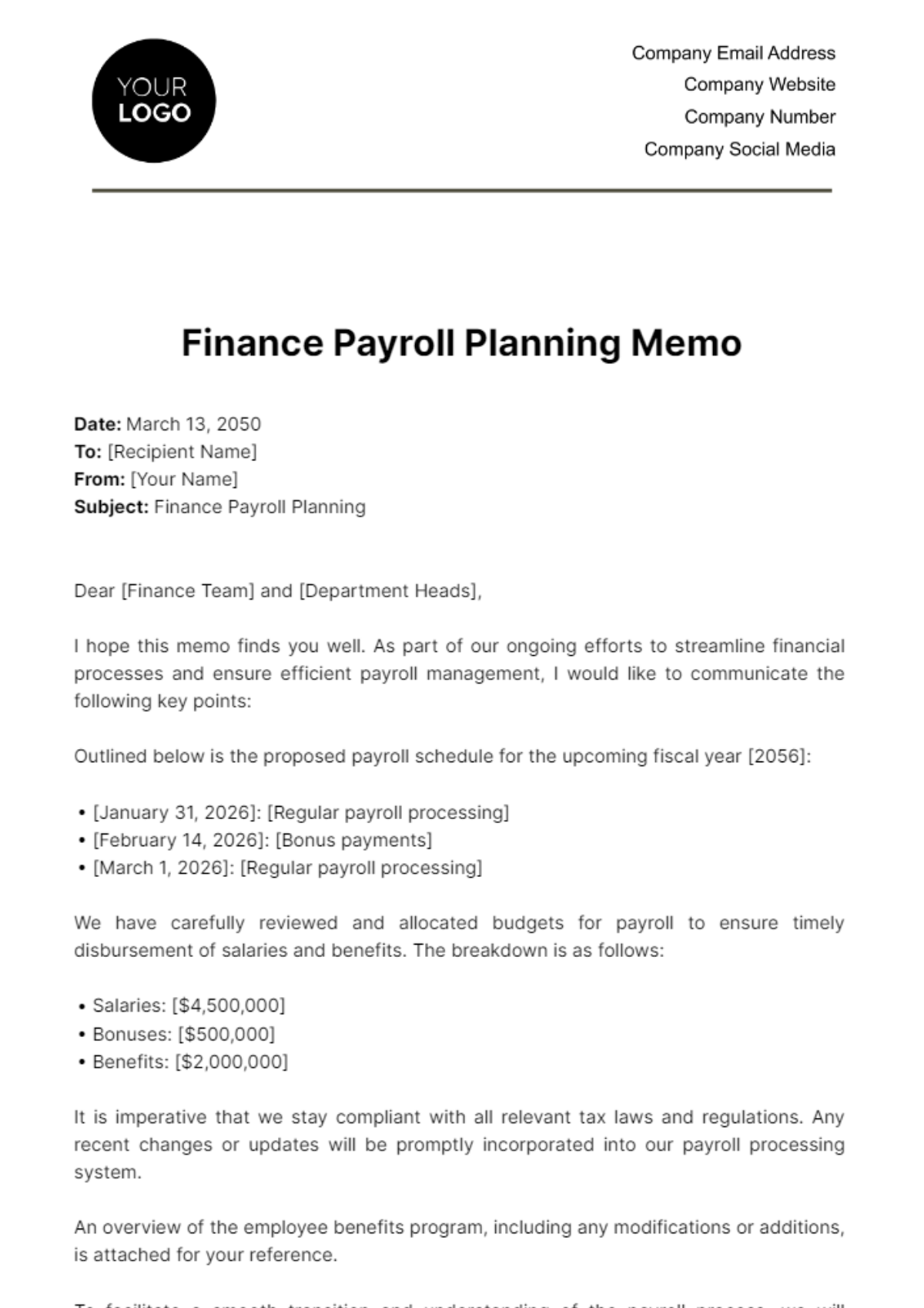 Finance Payroll Planning Memo Template - Edit Online & Download