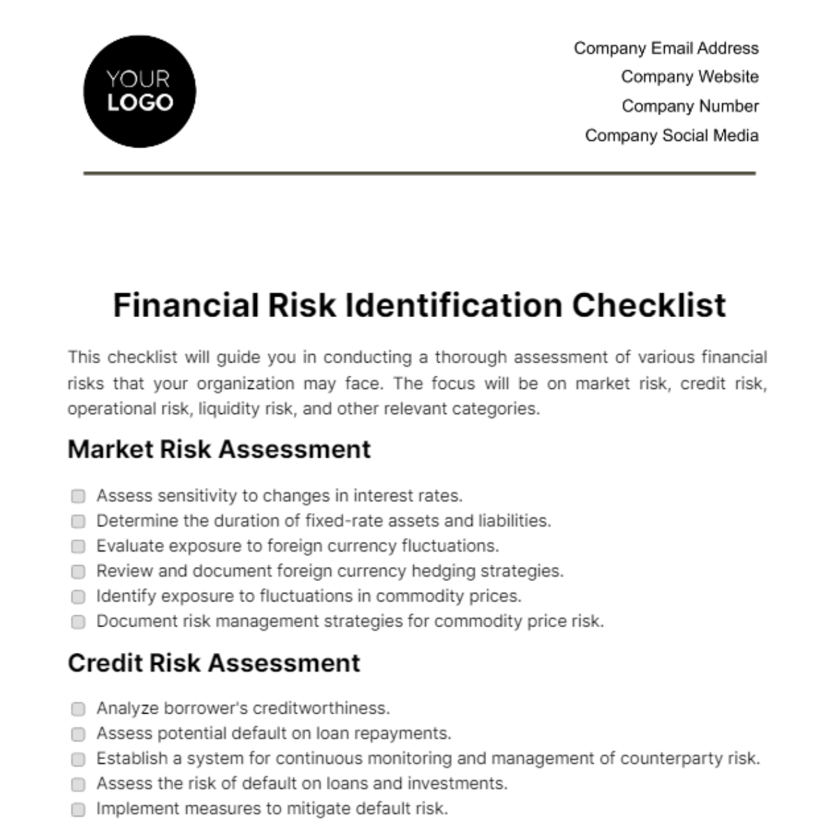 Financial Risk Identification Checklist Template