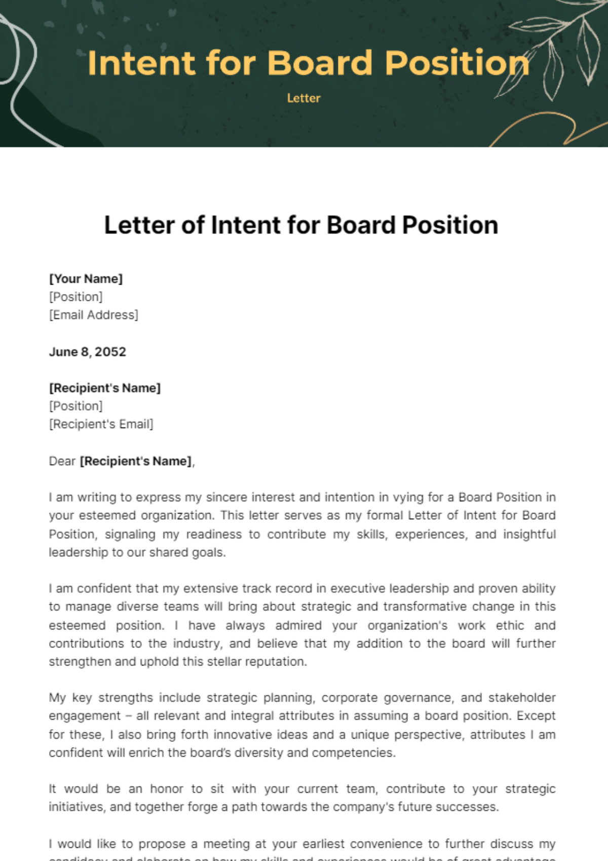 Free Letter of Intent for Board Position Template