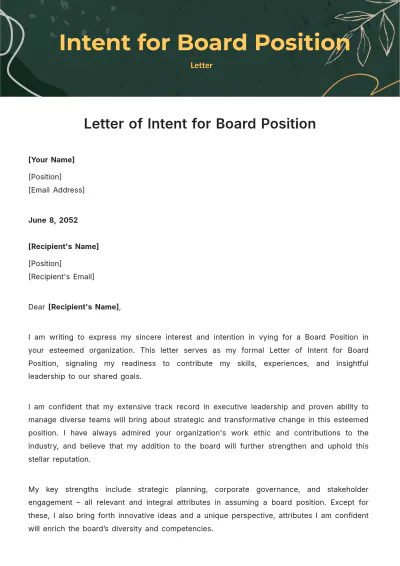 Free Letter of Intent for Board Position Template to Edit Online