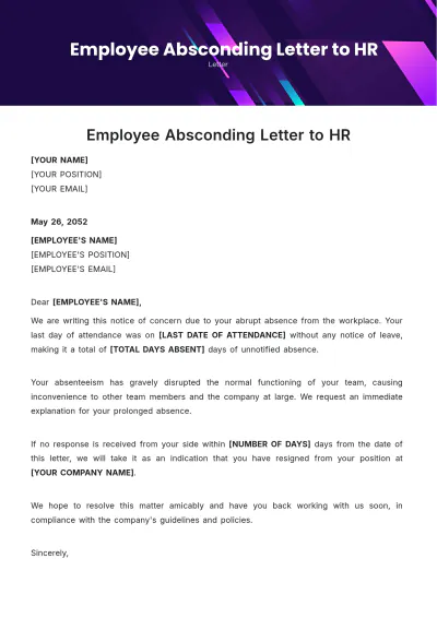 Free Employee Absconding Letter to HR Template to Edit Online