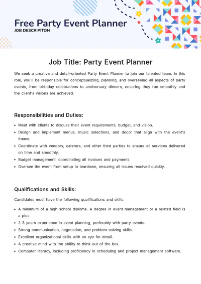 Free Party Event Planner Job Description Template to Edit Online